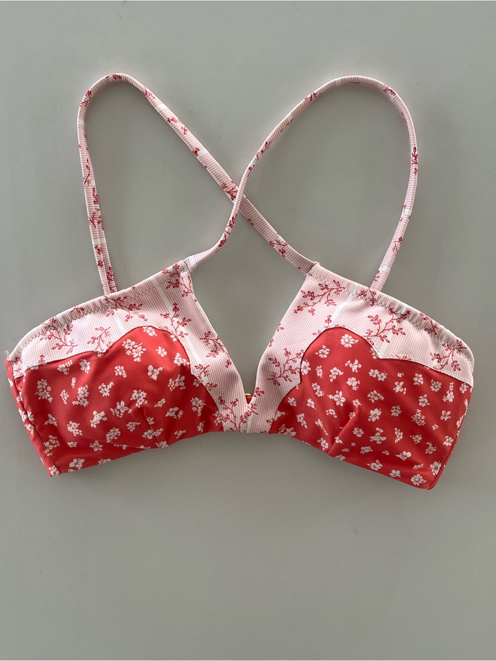 Polo Ralph Lauren Coral Red Ditsy Floral Striped Trim Criss Crossed Bikini Top S